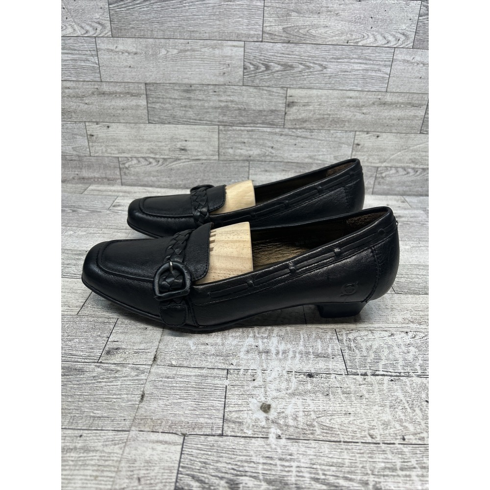 Born Blanche Buckle Strap Black Leather Kitten Heel Slip On Loafers Women Sz 10 - Picture 3 of 12
